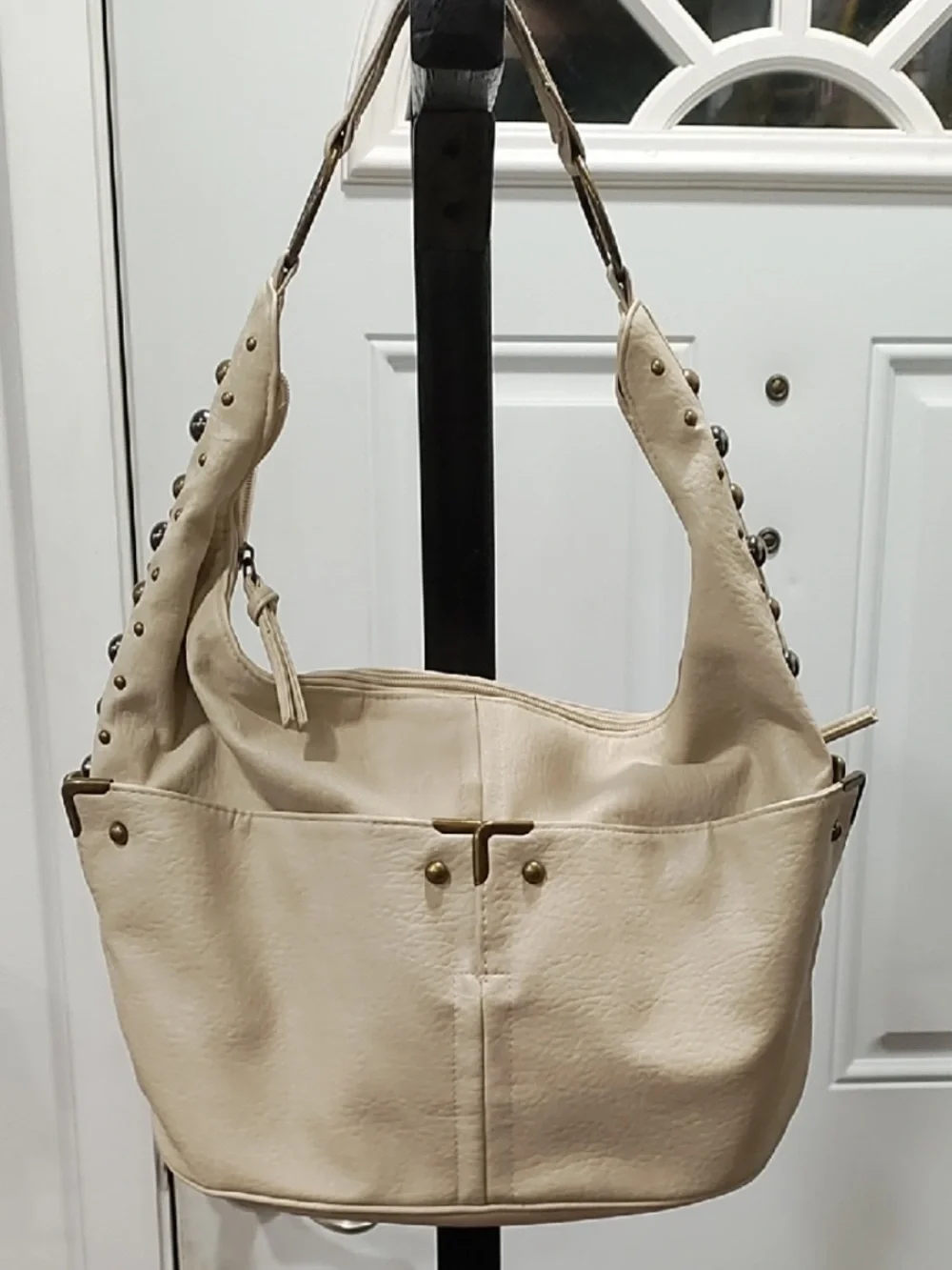 Cream Stud-Trim Leather Hobo Bag